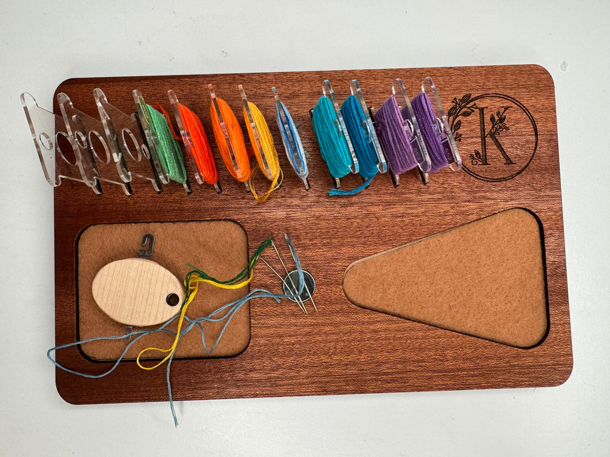 Personalized Cherry Wood Needlework Project Organizer: Floss Bobbin Holder