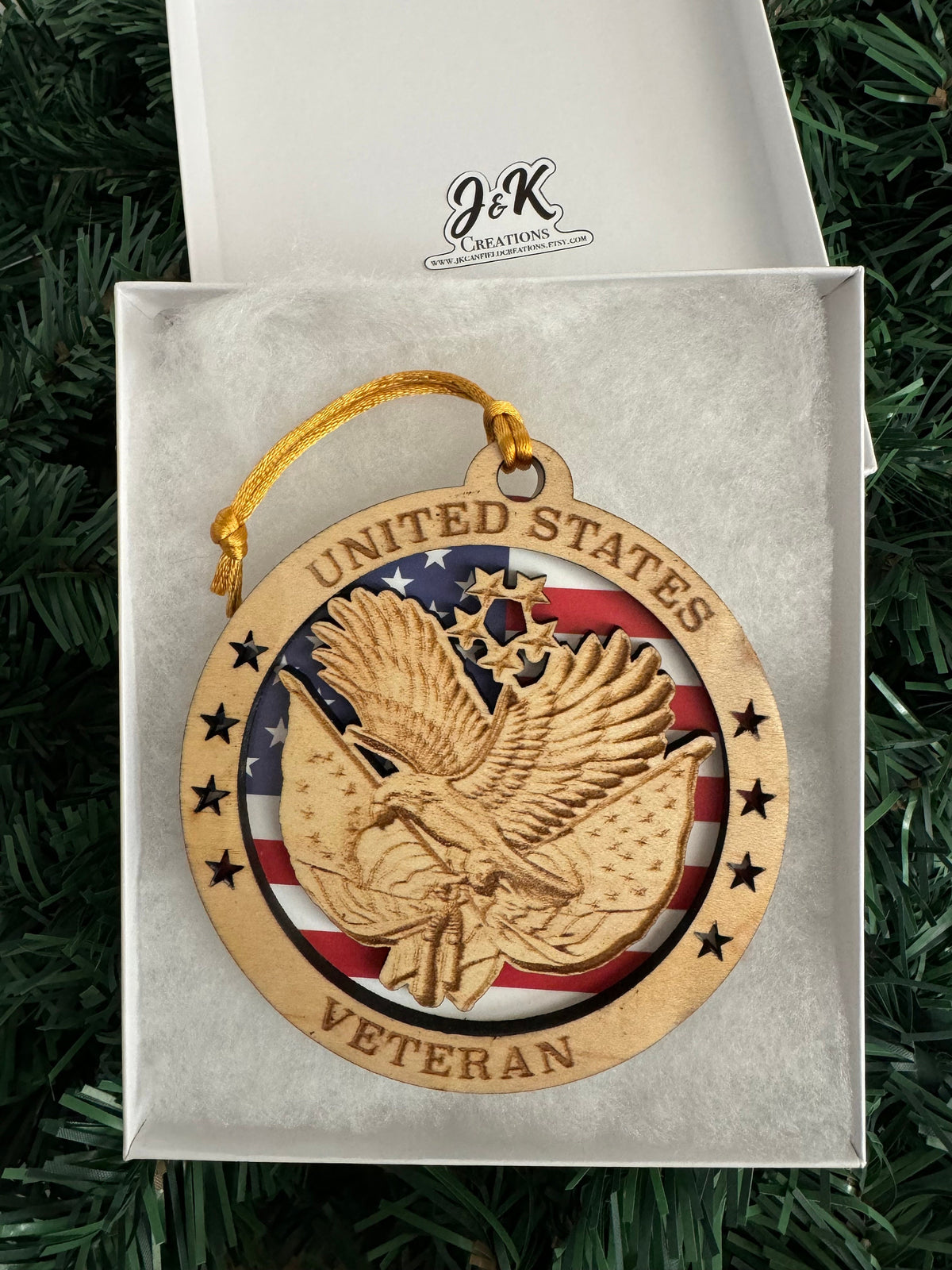 Engraved US Veteran Christmas Ornament: Wooden Military Tribute