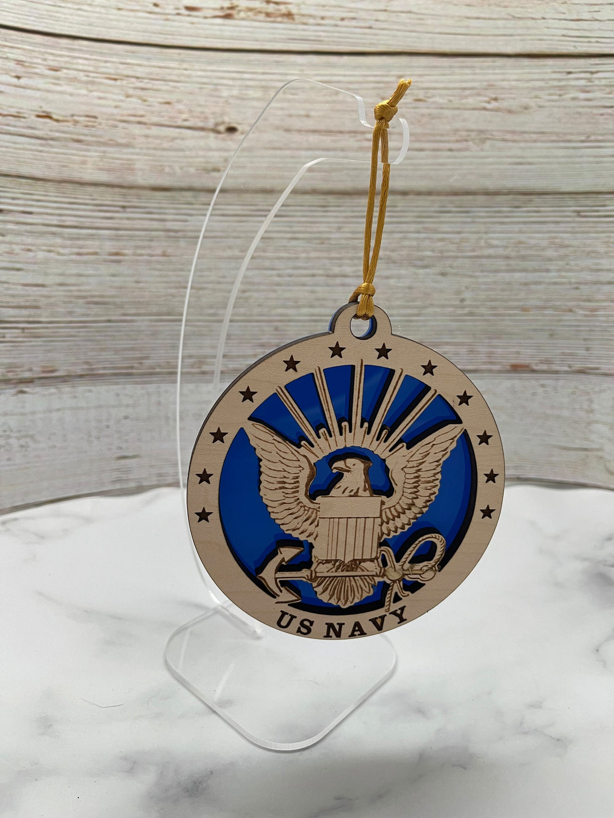 US Navy Emblem Ornament: Laser Cut Maple & Blue Acrylic