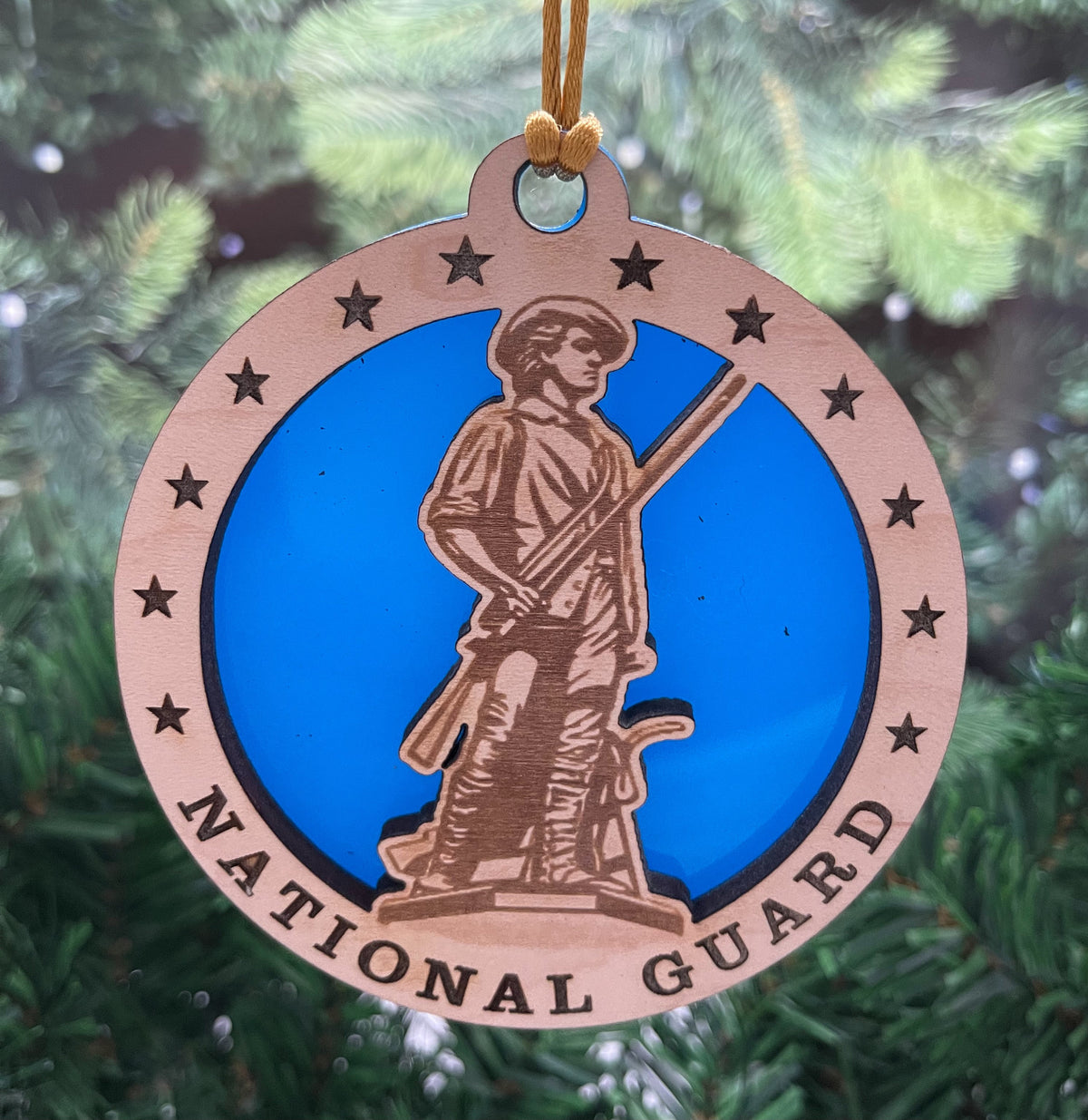 National Guard Emblem Ornament: Engraved Maple & Blue Acrylic