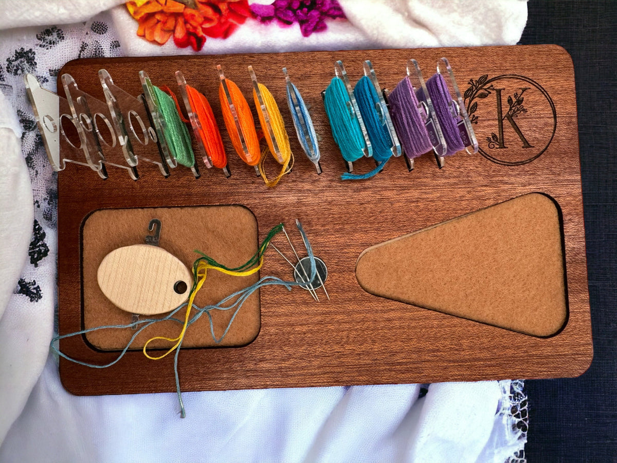 Personalized Cherry Wood Needlework Project Organizer: Floss Bobbin Holder
