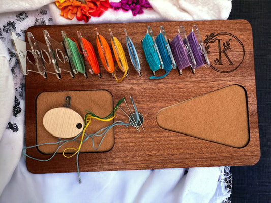 Personalized Cherry Wood Needlework Project Organizer: Floss Bobbin Holder