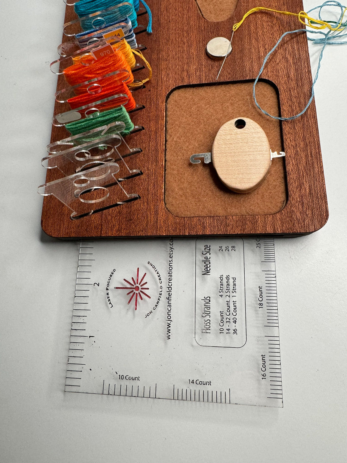 Personalized Cherry Wood Needlework Project Organizer: Floss Bobbin Holder
