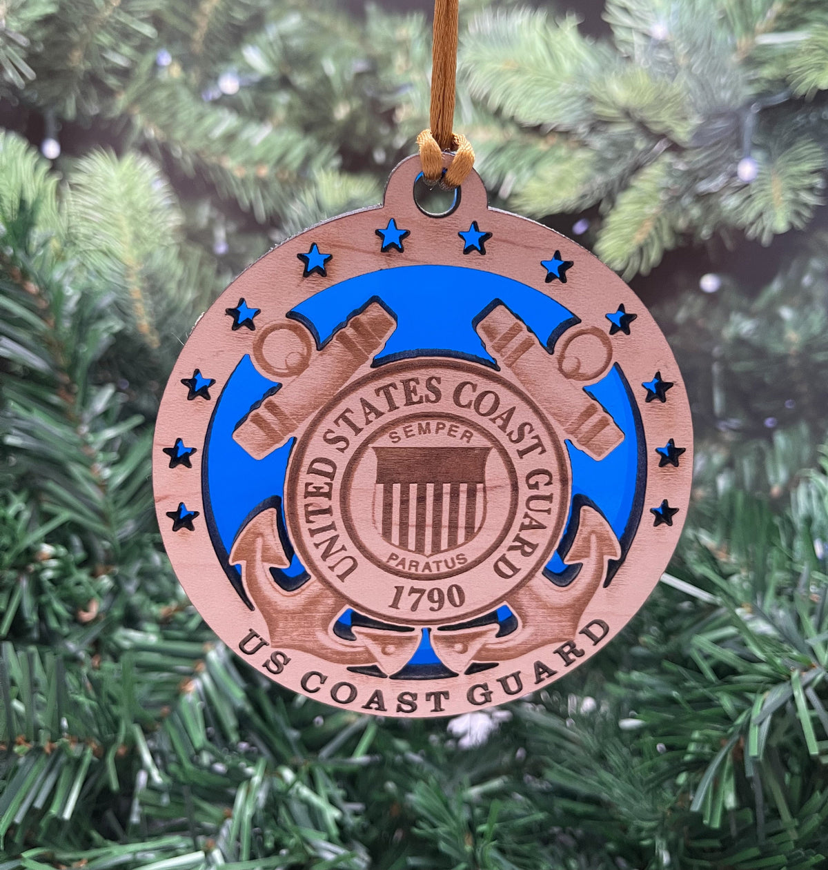 Coast Guard Emblem Ornament: Engraved Maple, Blue Acrylic