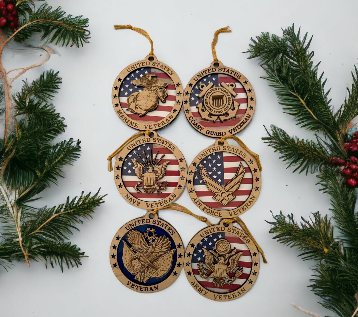 Engraved Military Veteran Ornament: US Army, Navy, Air Force, Marines