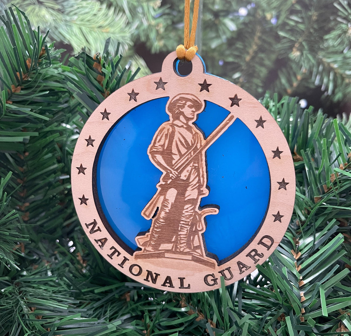 National Guard Emblem Ornament: Engraved Maple & Blue Acrylic