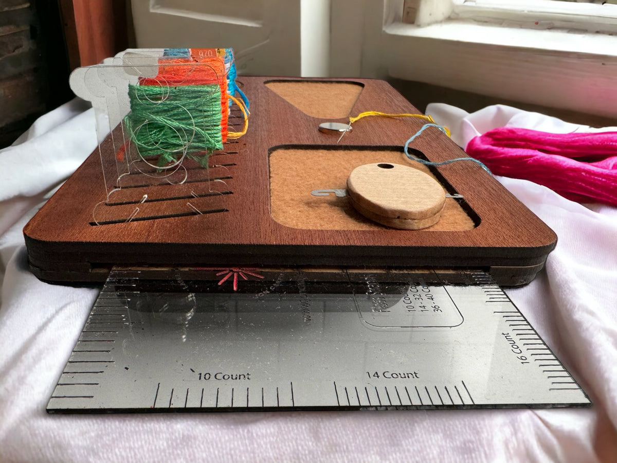 Personalized Cherry Wood Needlework Project Organizer: Floss Bobbin Holder