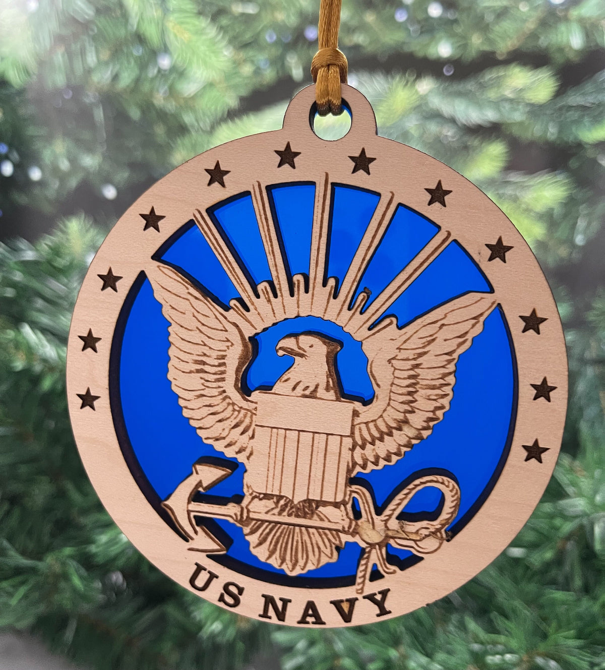 US Navy Emblem Ornament: Laser Cut Maple & Blue Acrylic