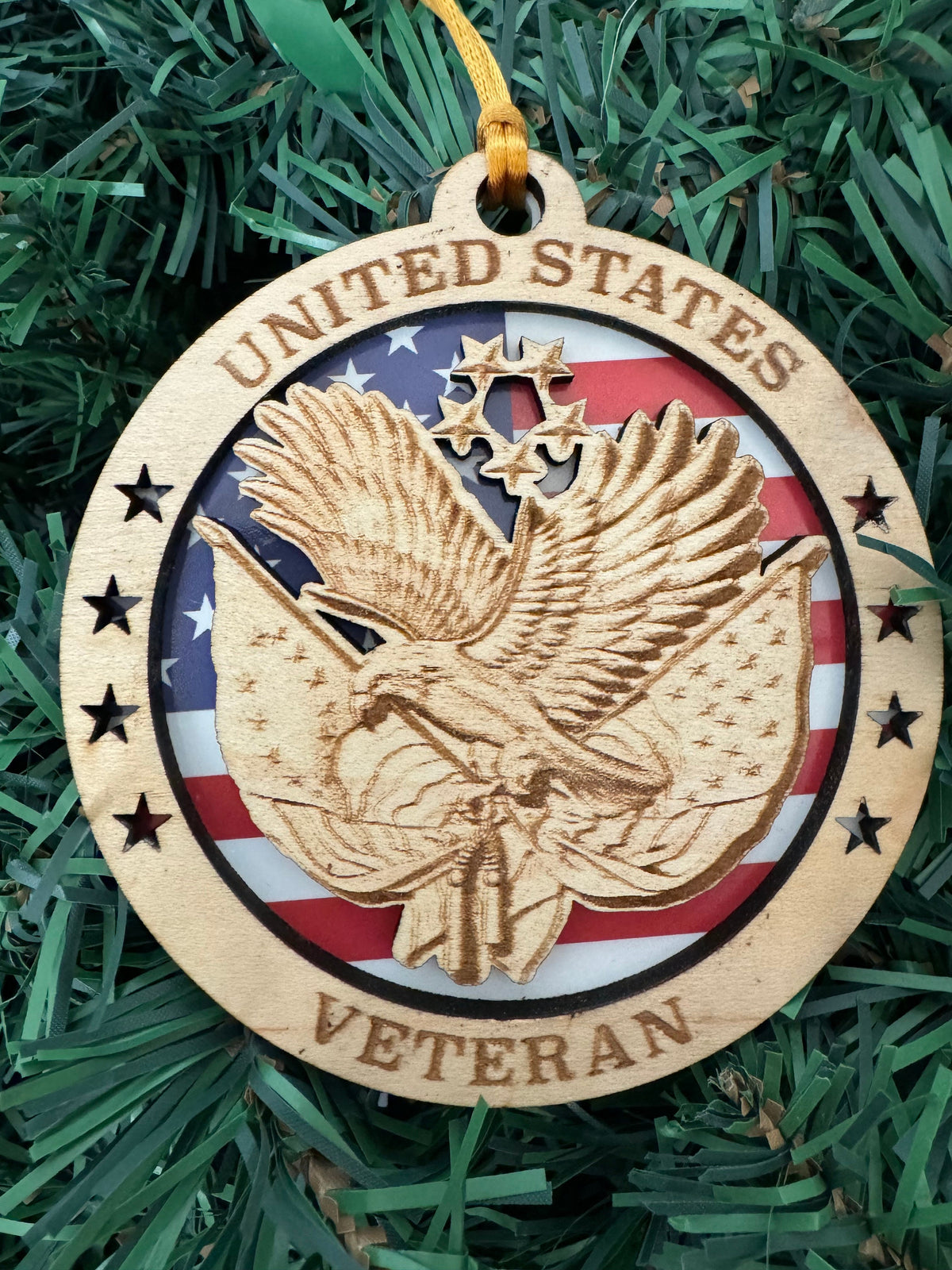 Engraved US Veteran Christmas Ornament: Wooden Military Tribute