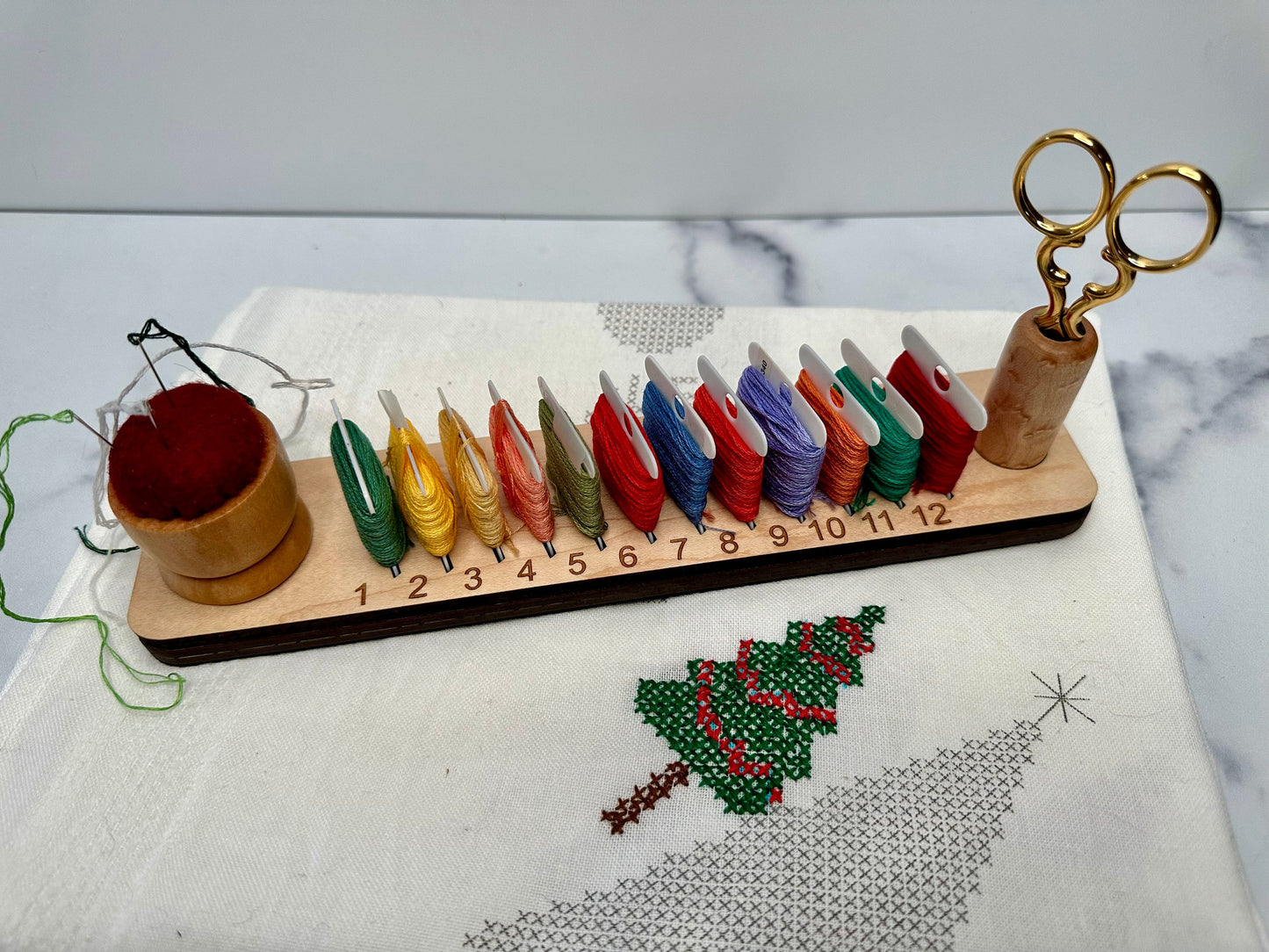 Embroidery Floss Organizer: Walnut or Maple, with Pin Cushion