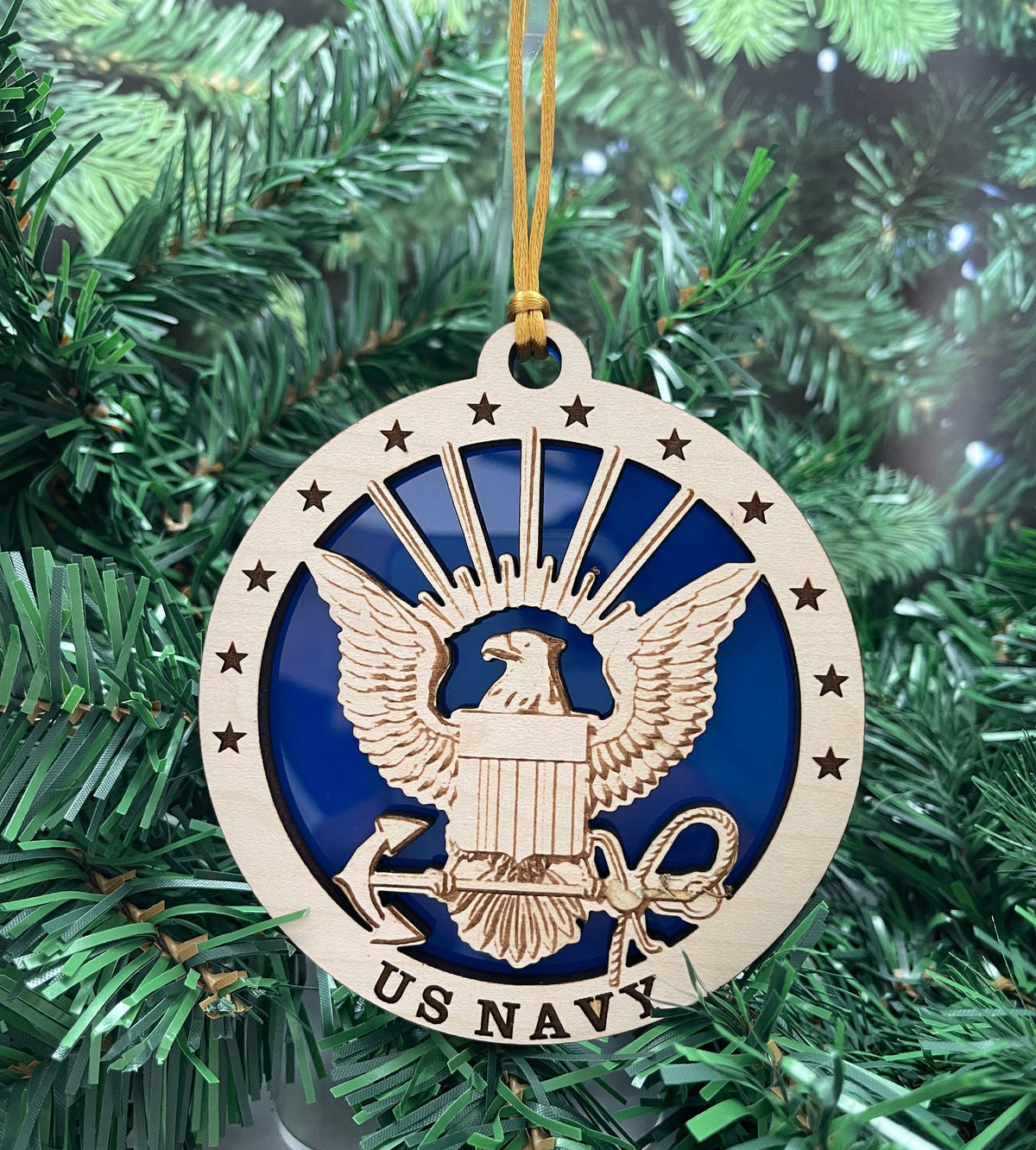 US Navy Emblem Ornament: Laser Cut Maple & Blue Acrylic
