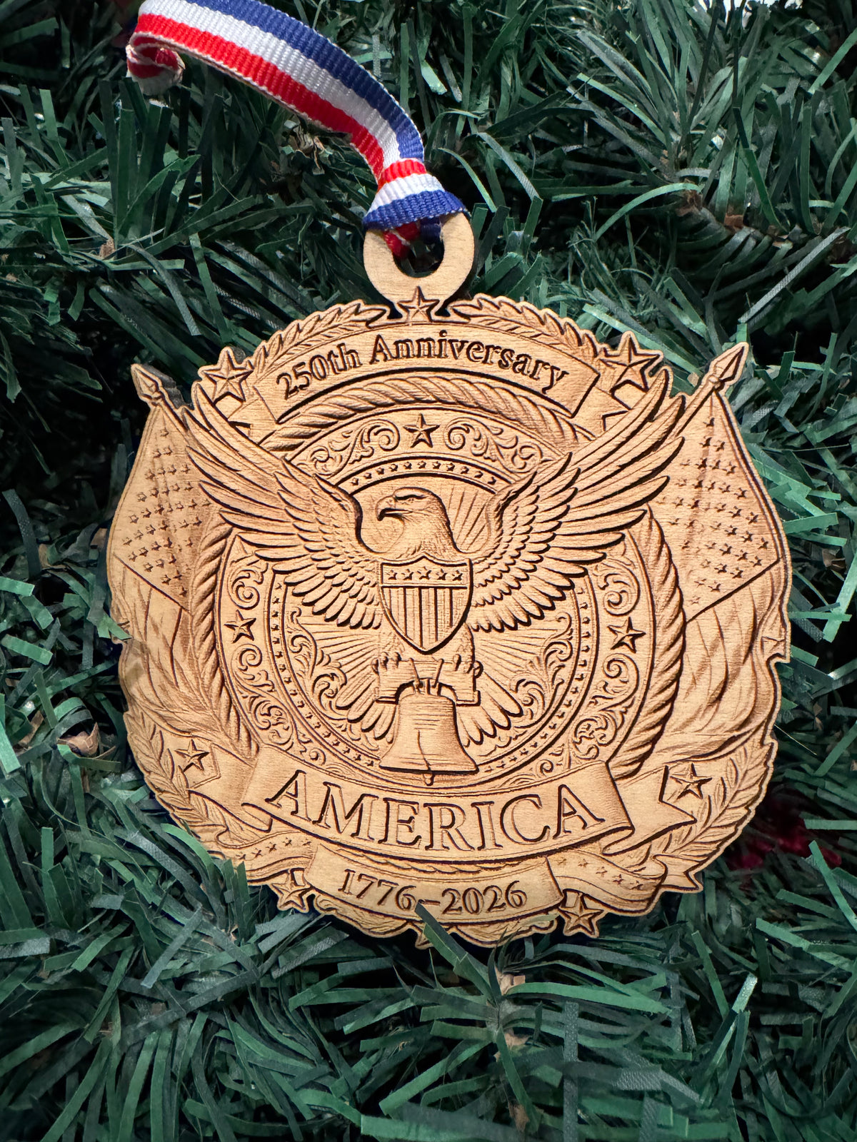Engraved US 250 Christmas Ornament: Wooden 250th Anniversary
