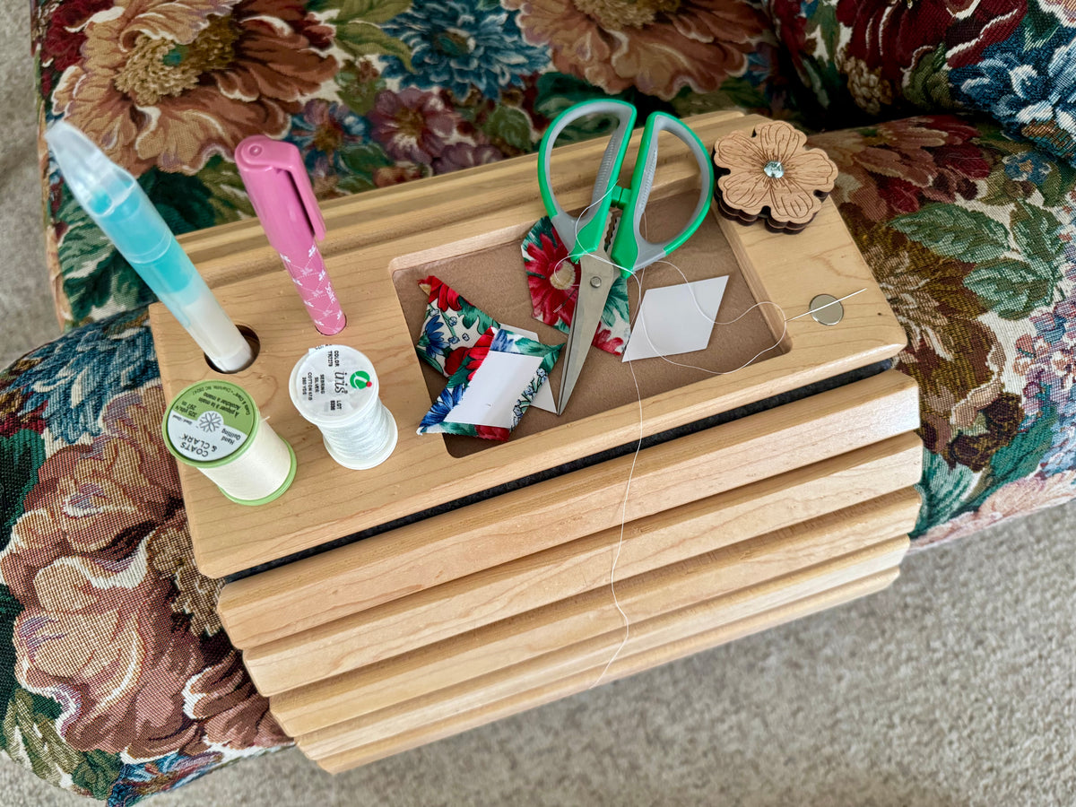 Hand crafted Adjustable Cherry Wood Quilters Arm Tray: Couch Organizer for Quilters, Paper Piecing