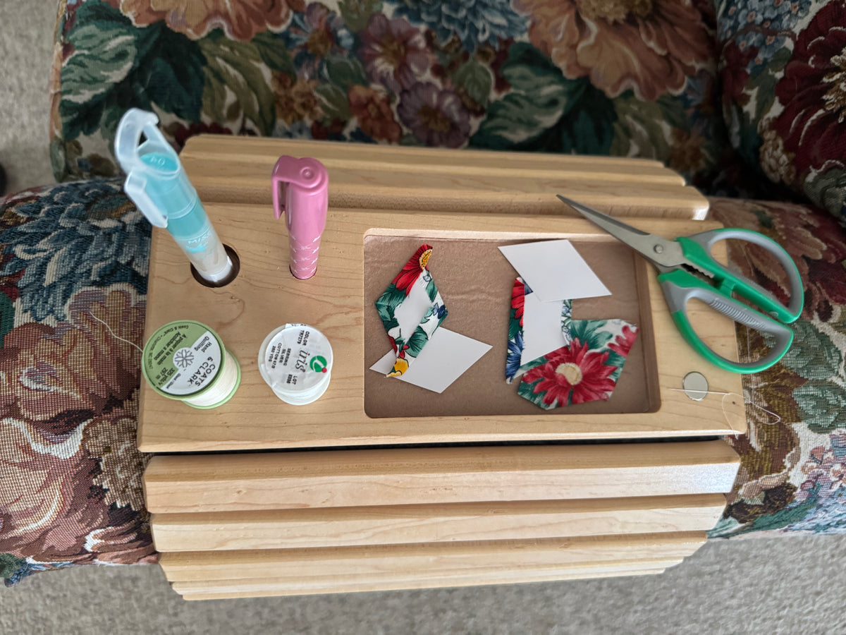 Hand crafted Adjustable Cherry Wood Quilters Arm Tray: Couch Organizer for Quilters, Paper Piecing