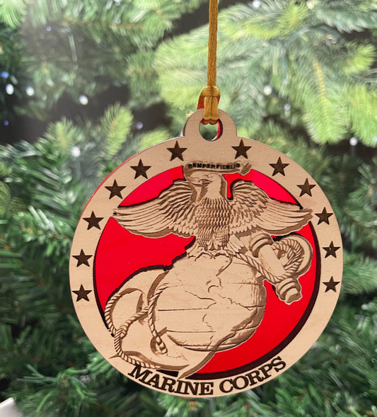 USMC Emblem Ornament: Laser Cut Maple, Red Acrylic