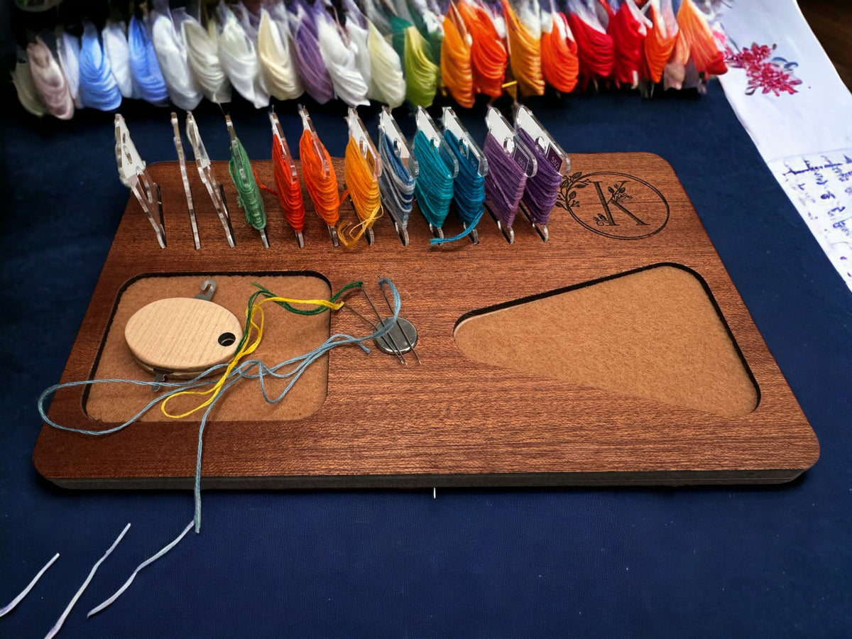 Personalized Cherry Wood Needlework Project Organizer: Floss Bobbin Holder
