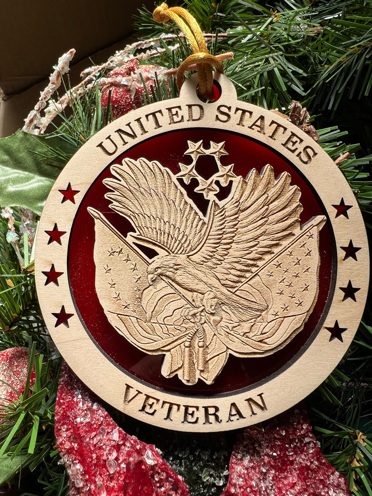 Engraved US Veteran Christmas Ornament: Wooden Military Tribute