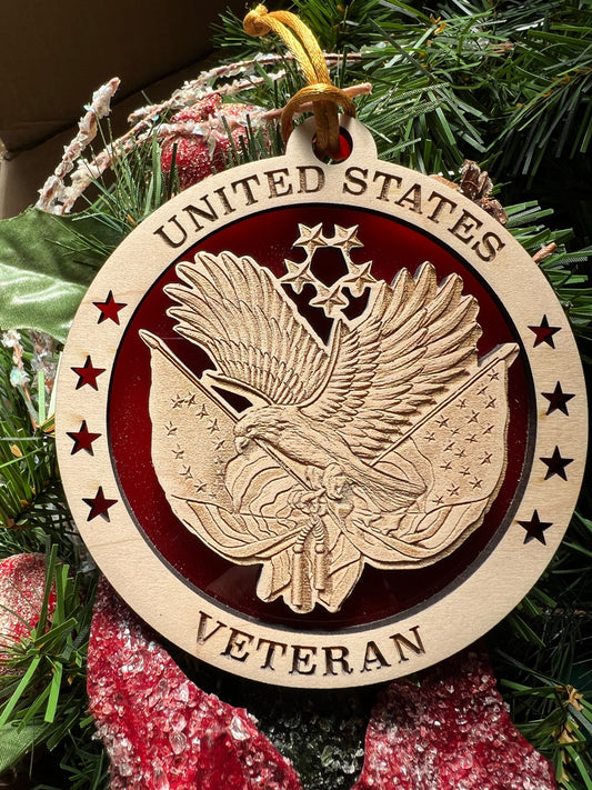 Engraved US Veteran Christmas Ornament: Wooden Military Tribute