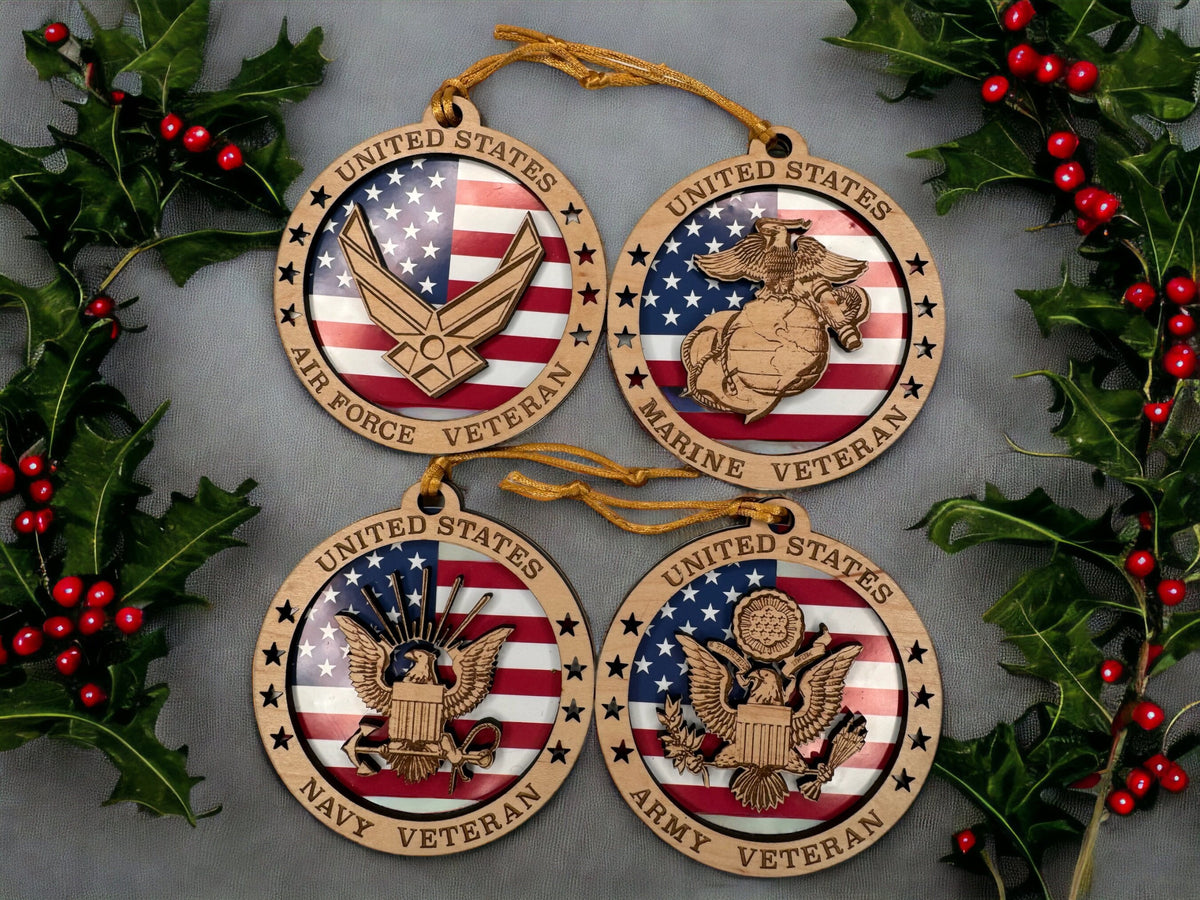 Engraved Military Veteran Ornament: US Army, Navy, Air Force, Marines