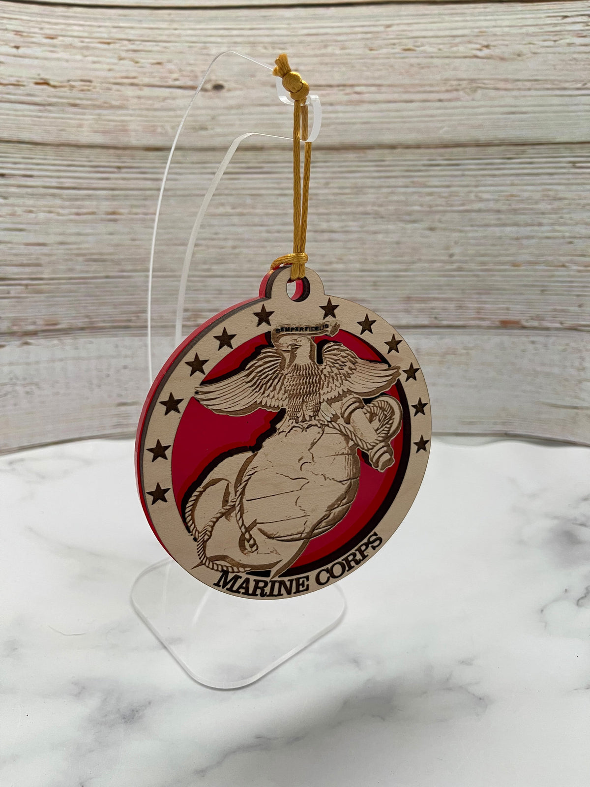 USMC Emblem Ornament: Laser Cut Maple, Red Acrylic