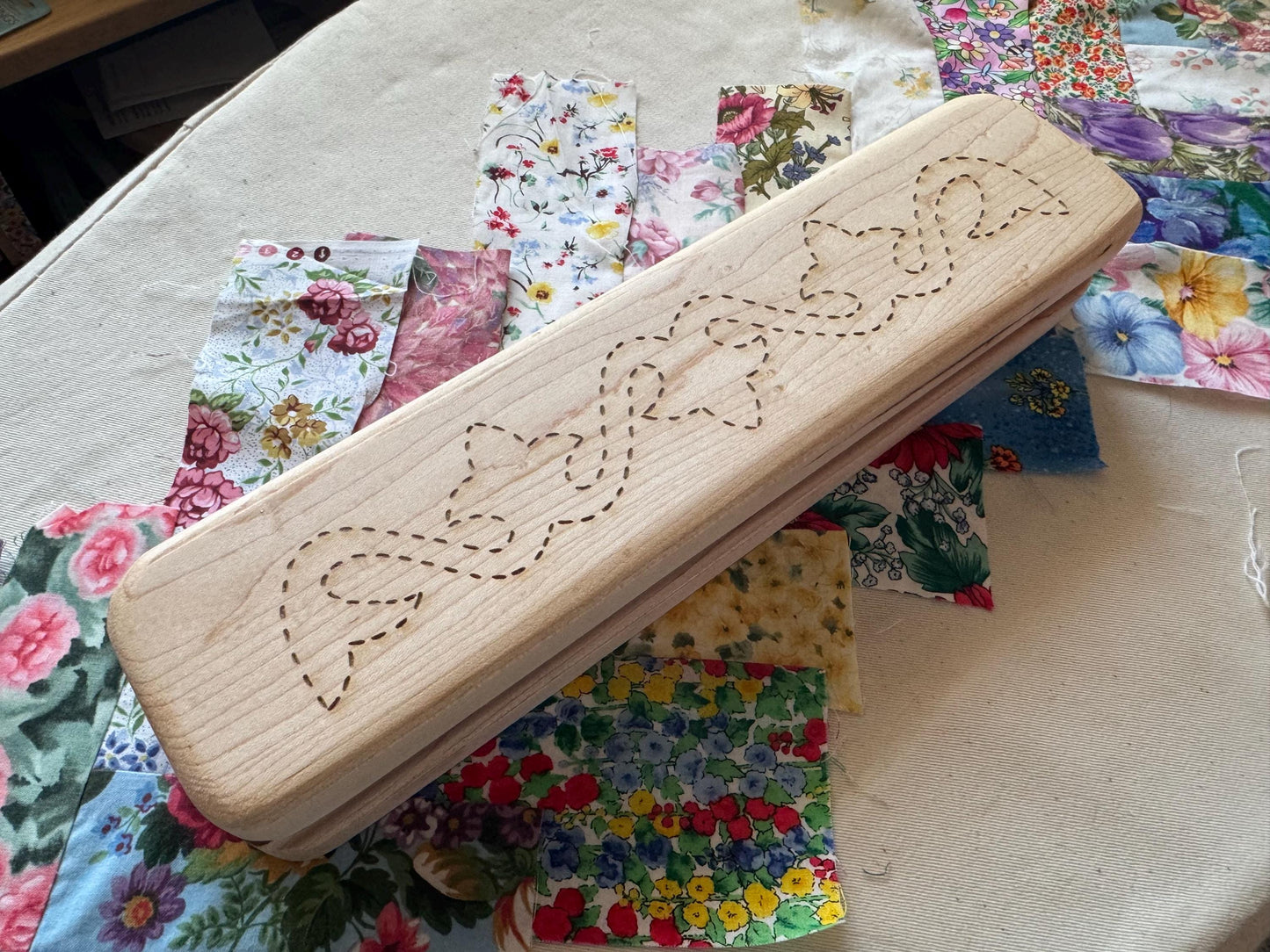 Handcrafted Maple & Walnut Quilter's Clapper — Laser Engraved Floral Design, or Personalized With Your Name