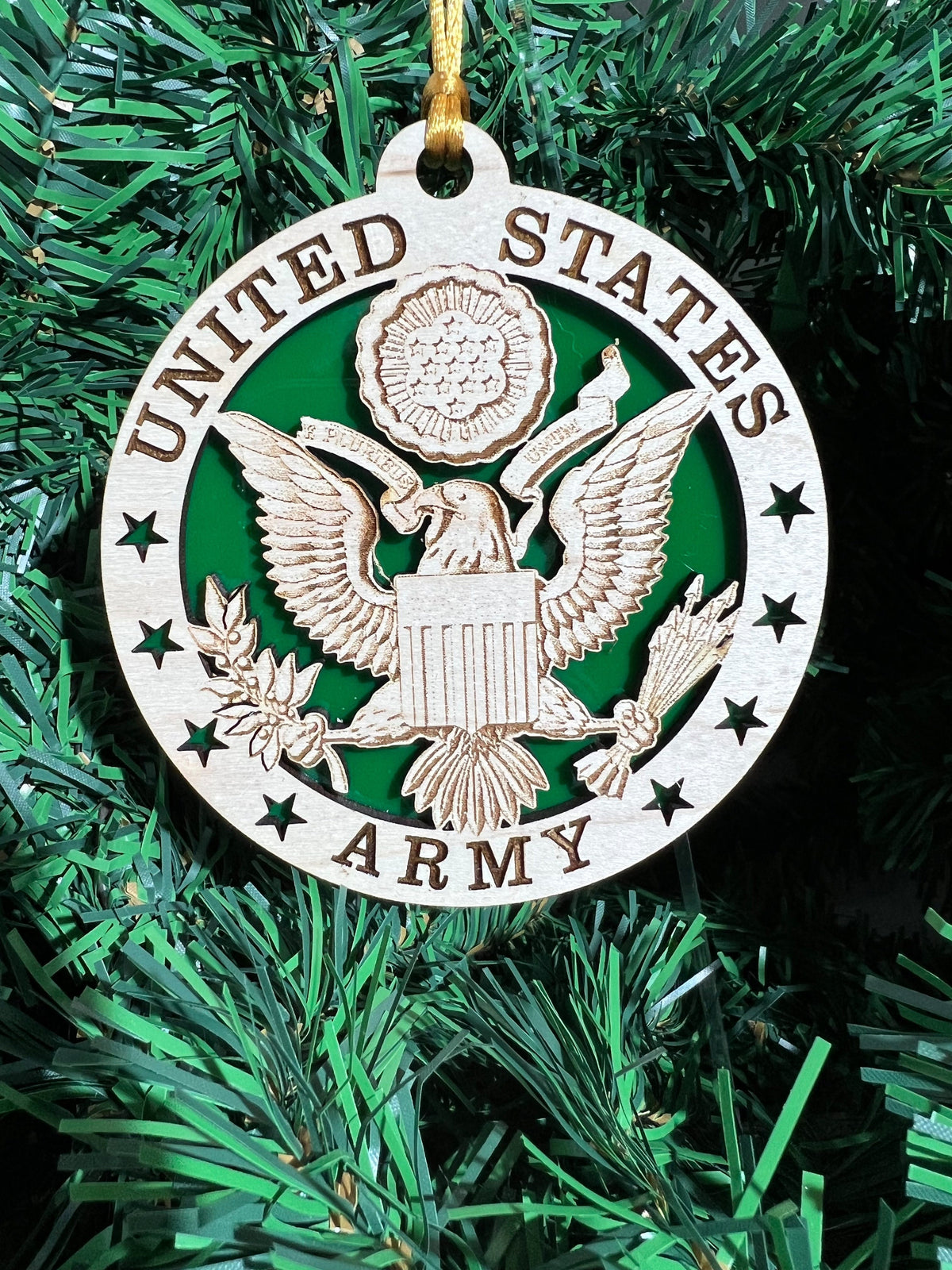 US Army Emblem Ornament: Maple & Green Acrylic, Military Gift