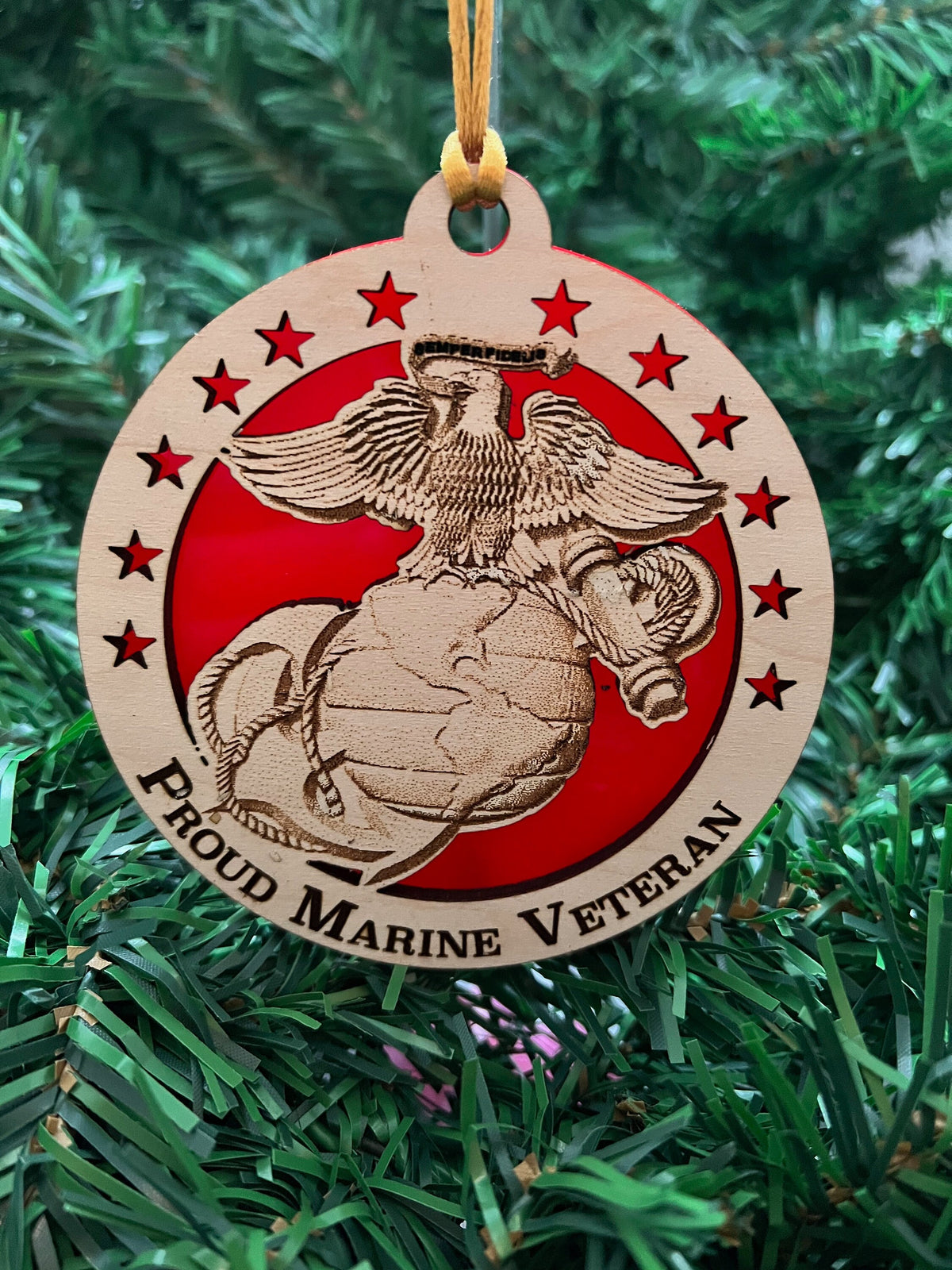 Proud Marine Veteran Ornament: Laser Cut USMC Emblem, Maple & Red Acrylic