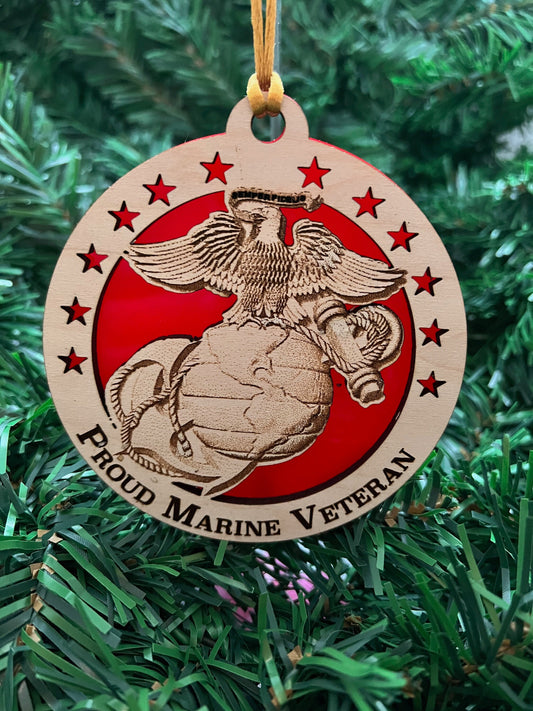 Proud Marine Veteran Ornament: Laser Cut USMC Emblem, Maple & Red Acrylic