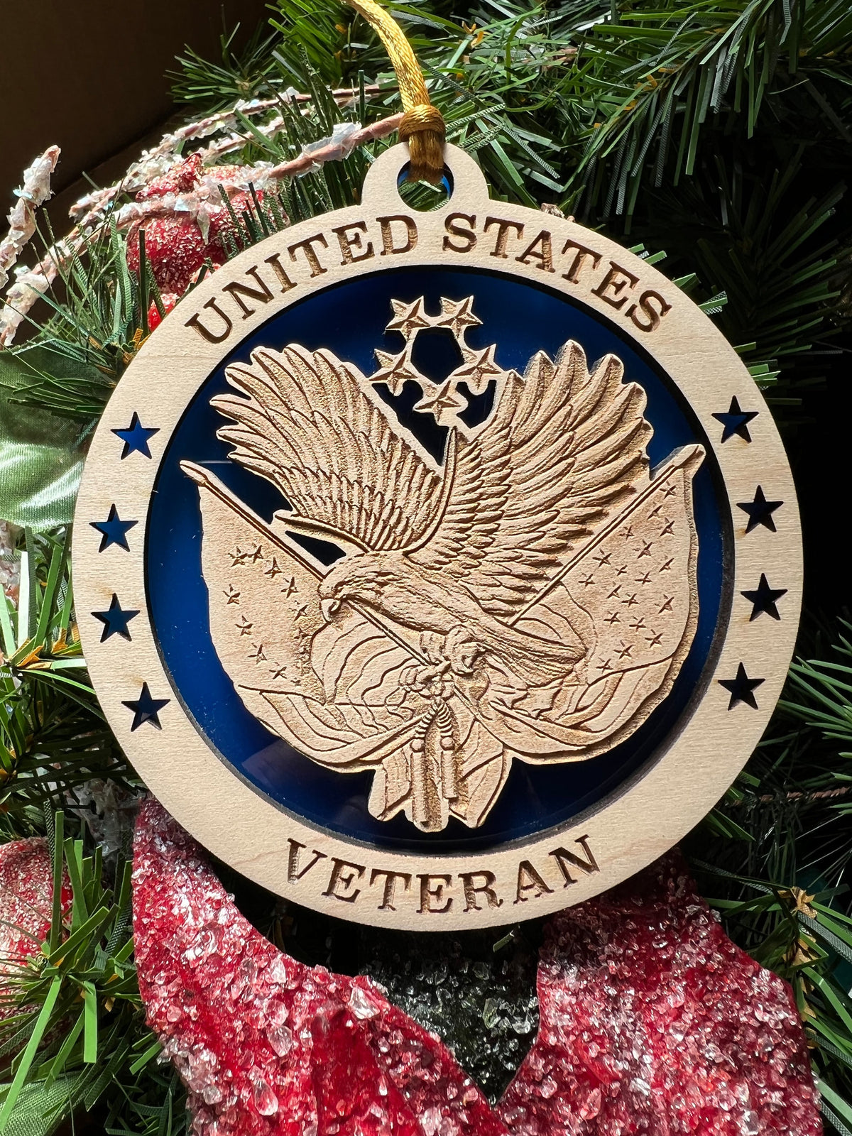 Engraved US Veteran Christmas Ornament: Wooden Military Tribute