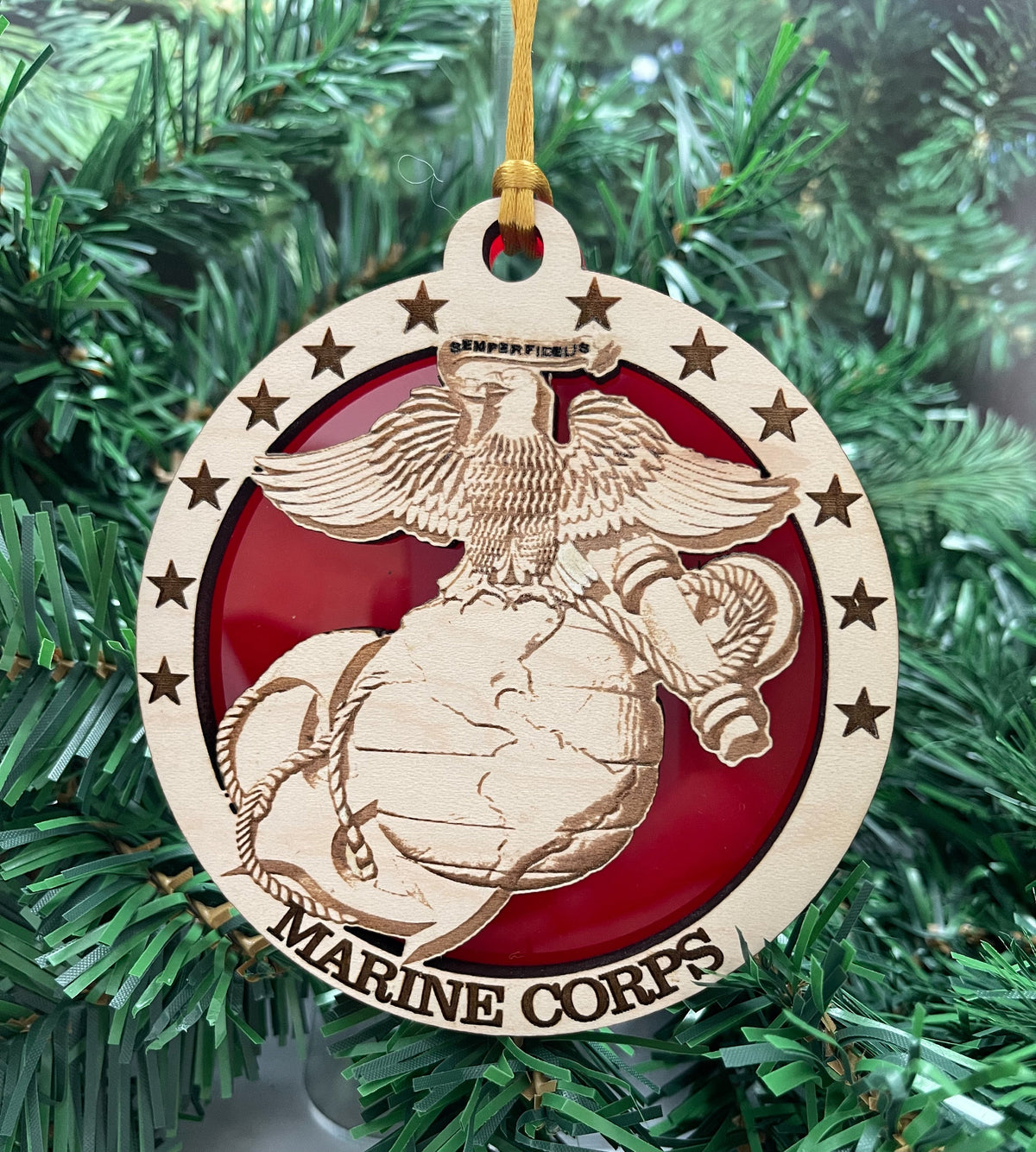 USMC Emblem Ornament: Laser Cut Maple, Red Acrylic