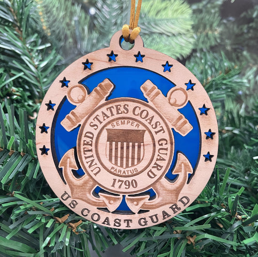 Coast Guard Emblem Ornament: Engraved Maple, Blue Acrylic