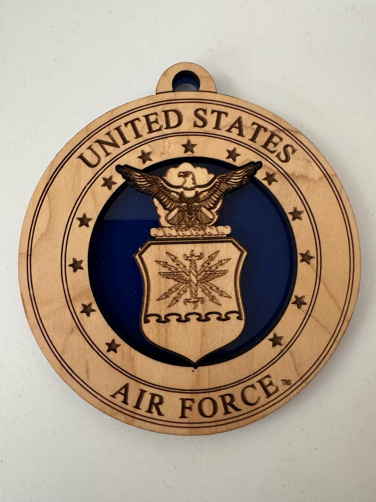 USAF Emblem Christmas Ornament: Maple Wood & Blue Acrylic