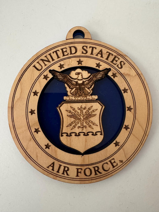 USAF Emblem Christmas Ornament: Maple Wood & Blue Acrylic